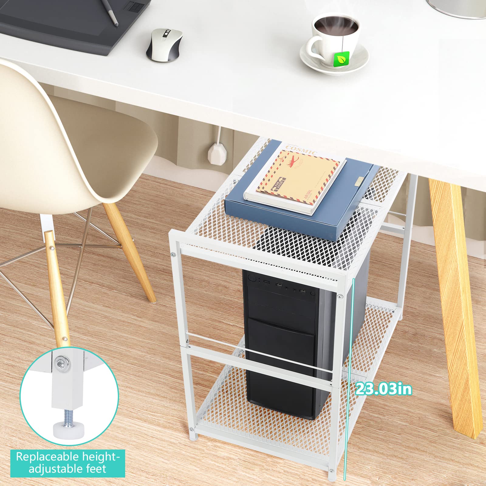 YBING Computer Tower Stand White PC Tower Stand 2 Tier CPU Holder Stand with Wheels Metal Mobile Computer Tower Cart Rolling PC Stand Floor for Fax Home Office