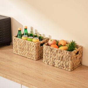 ELONG HOME Water Hyacinth Wicker Baskets, Rectangular 12" Wicker Basket 2 Pack, Wicker Basket for Shelves, Woven Storage Baskets with Handles