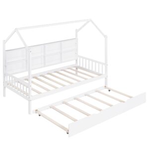 merax wood twin montessori daybed with trundle and book shelf, low sofa day bed for boys girls,no box spring needed white