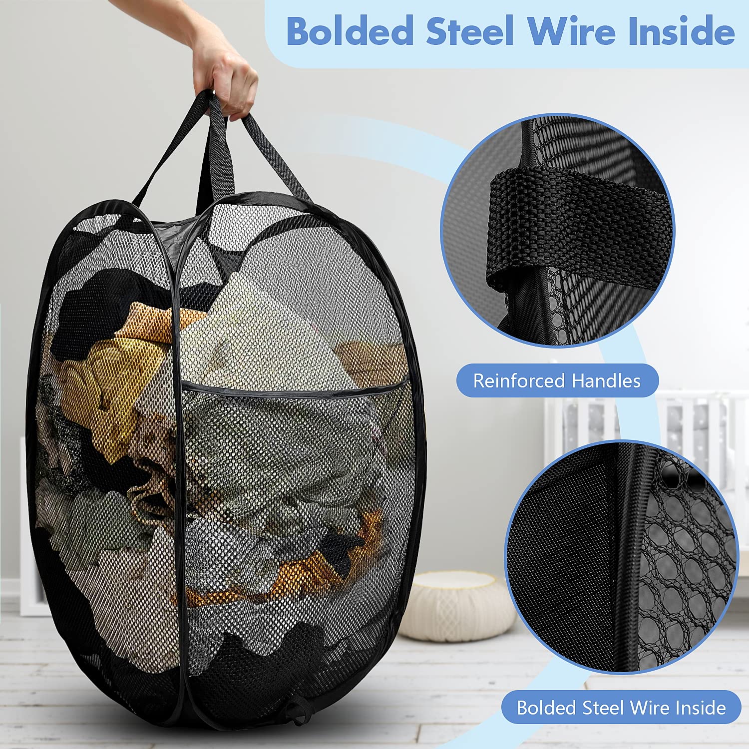 Pop Up Hamper, 1 PCS Mesh Pop Up Laundry Hamper, Premium Pop Up Laundry Basket, Mesh Laundry Basket, Pop Up Hampers for Laundry, Mesh Laundry Hamper, Foldable Popup Mesh Hamper, Travel Hamper, Black