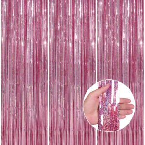 crosize 3 pack 3.3 x 9.9 ft pink foil fringe backdrop curtain, streamer backdrop curtains, birthday party decorations, pink tinsel curtain for parties, galentines decor, preppy, baby shower