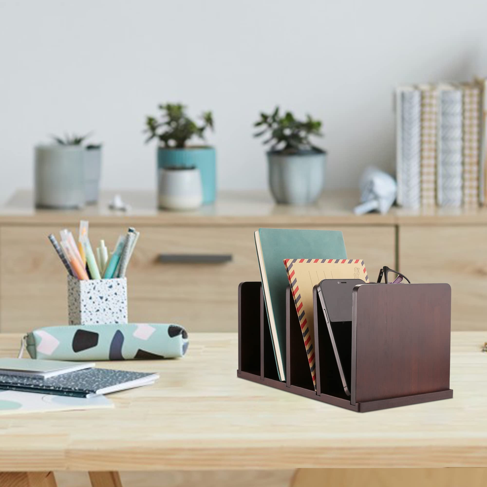 Desk Organizer Mail Organizer Countertop File Sorter, Bamboo Desk File Organizer 4 Slots, Wooden Desk Shelf for Envelope Document Folder Filling, Desktop File Mail Holder for Office & Home