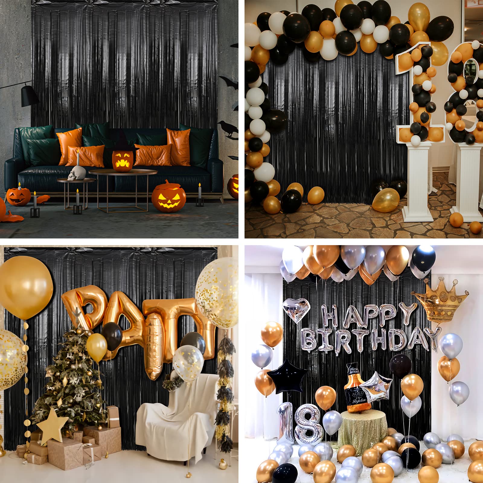 Crosize 2 Pack 3.3 x 9.9 ft Black Foil Fringe Backdrop Curtain, Streamer Backdrop Curtains, Streamers Birthday Party Decorations, Tinsel Curtain for Parties, Photo Booth Backdrops, Party Décor