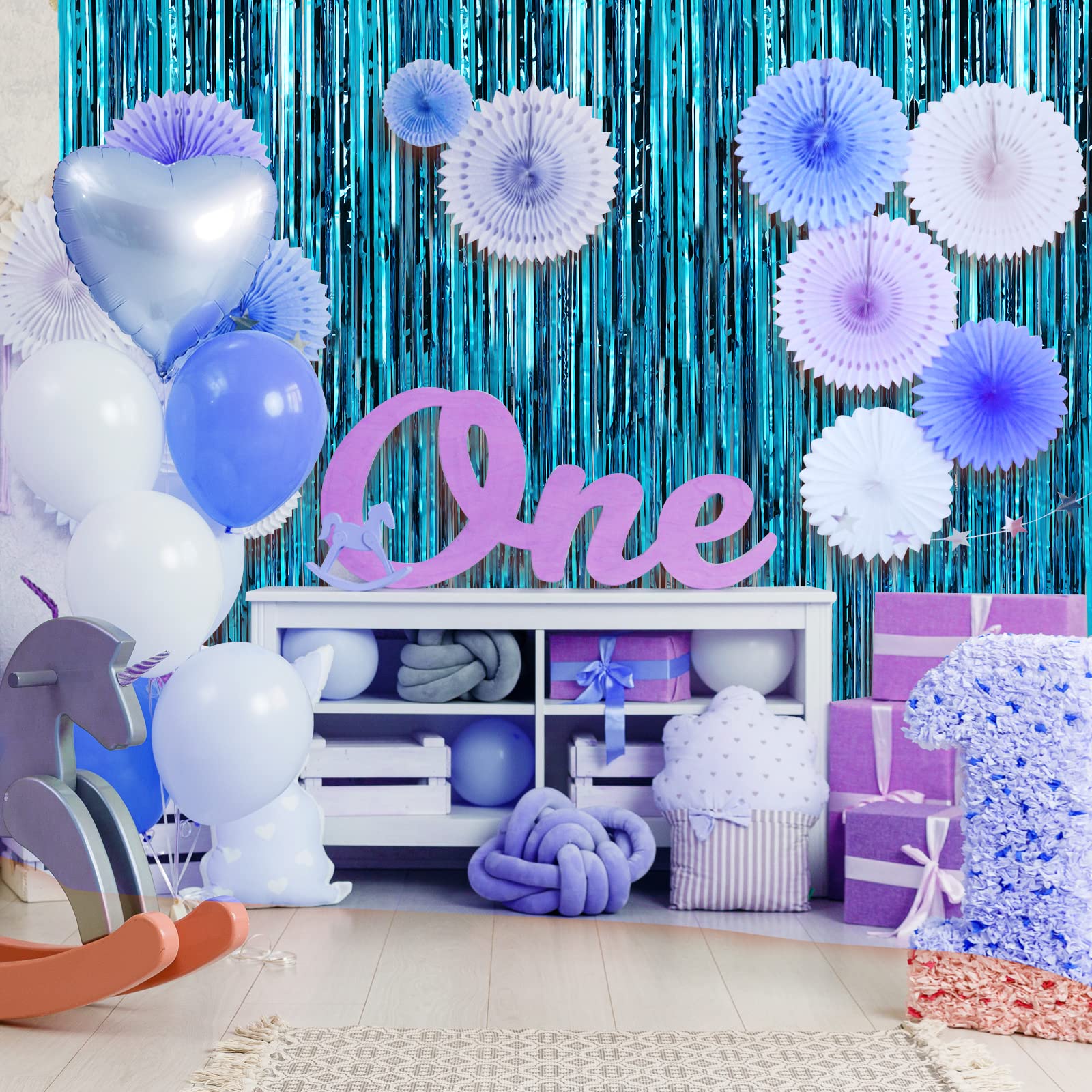 Crosize 3 Pack 3.3 x 9.9 ft Blue Foil Fringe Backdrop Curtain, Streamer Backdrop Curtains, Streamers Birthday Party Decorations, Tinsel Curtain for Parties, Galentines Decor