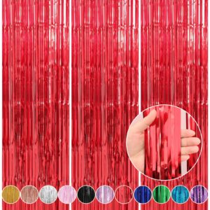 crosize 3 pack 3.3 x 9.9 ft red foil fringe curtains party decorations, red tinsel curtain backdrop for parties, door streamers, glitter streamer backdrop for birthday decoration, preppy, baby shower