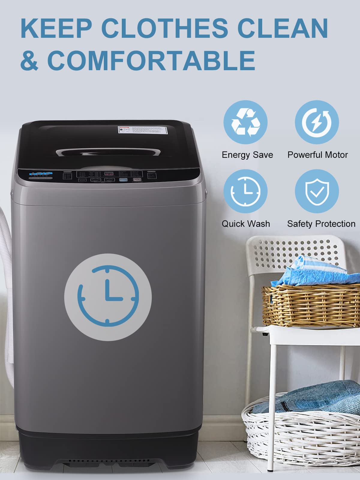 KRIB BLING Full-Automatic Washing Machine 17.7 lbs Small Compact Portable 10 Wash Program & 8 Water Level Compact Washer with LED Display Ideal for Apartments, RV, Camping, Grey