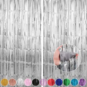 crosize 2 pack 3.3 x 9.9 ft silver foil fringe backdrop curtain, streamer backdrop curtains, streamers birthday party decorations, tinsel curtain for parties, photo booth backdrops, party décor