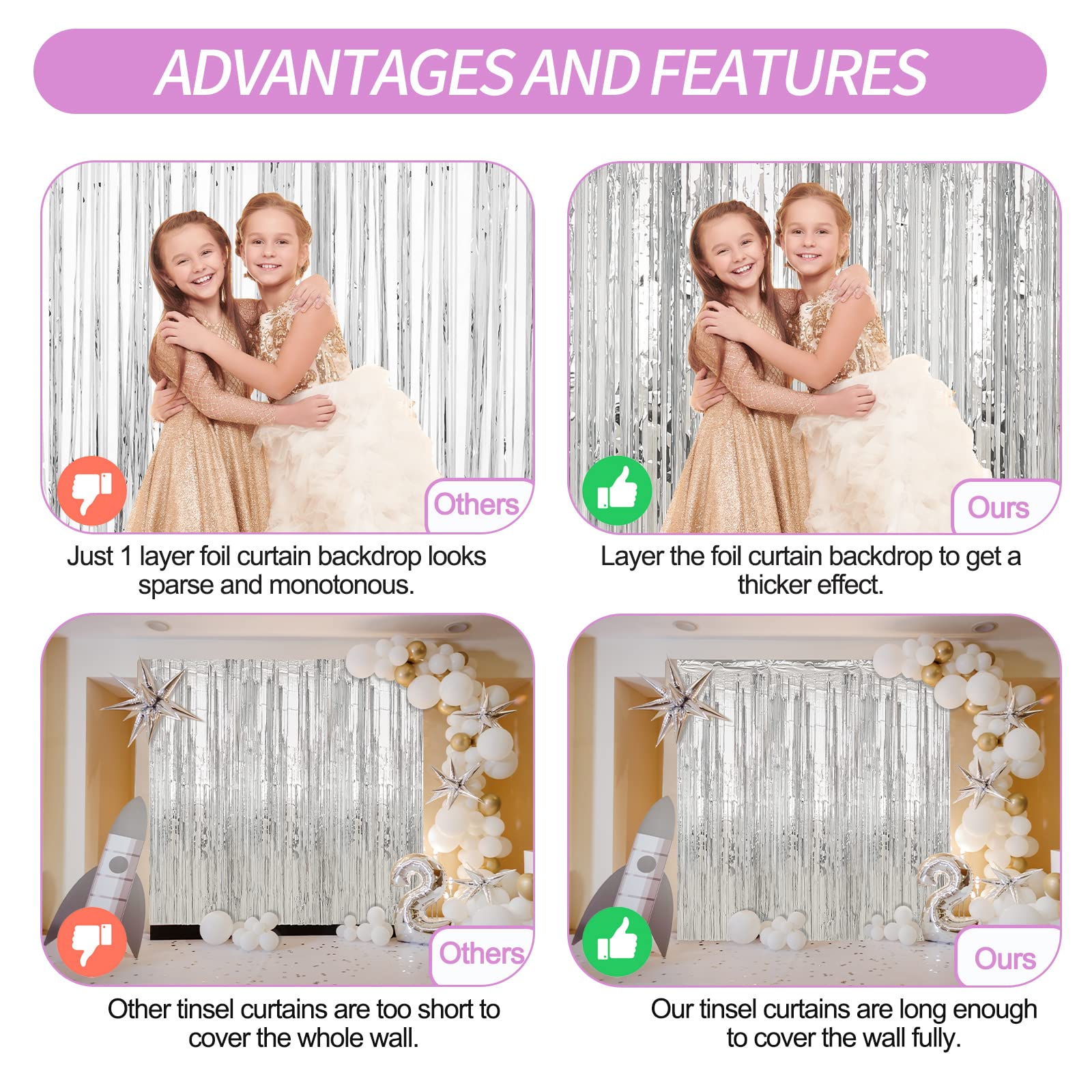 Crosize 2 Pack 3.3 x 9.9 ft Silver Foil Fringe Backdrop Curtain, Streamer Backdrop Curtains, Streamers Birthday Party Decorations, Tinsel Curtain for Parties, Photo Booth Backdrops, Party Décor