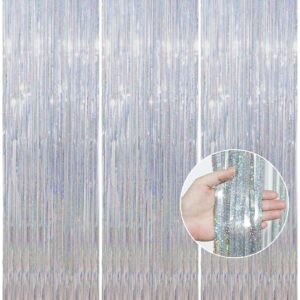 crosize 3 pack 3.3 x 9.9 ft silver foil fringe backdrop curtain, streamer backdrop curtains, birthday party decorations, tinsel curtain for parties, galentines decor, preppy, photo booth