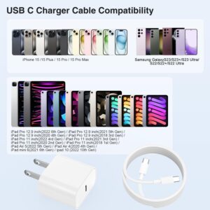 iPhone 15 Charger Block/10ft Type C to C Cable Cord Long,20W USB C Fast Charging Plug for Apple iPhone 15 Plus/15 Pro Max,iPad Pro 12.9/11inch 4/3th/Air/Mini 6 Generation,Wall Power Adapter Cube Brick