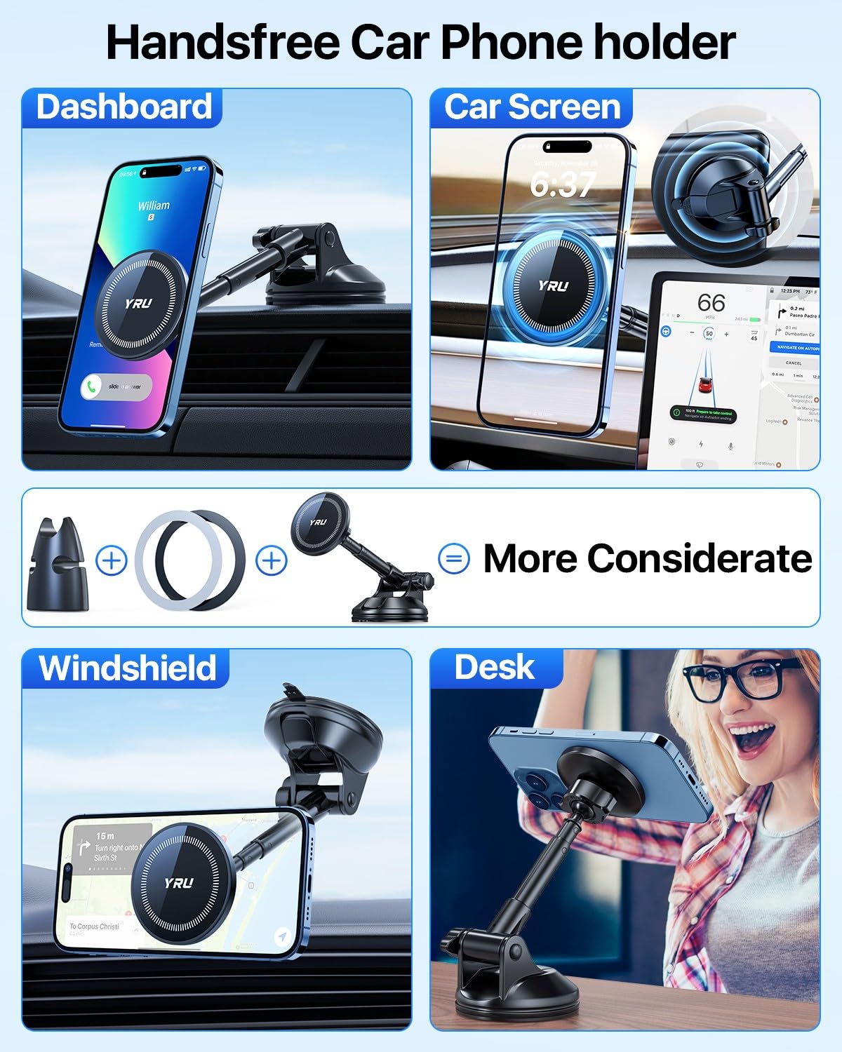 YRU [2024 Upgraded] Magnetic Phone Holder for Car【Patented & Super Magnet】 for MagSafe Car Mount Dashboard Magnet Phone Holder Windshield Phone Stand for iPhone 15 14 13 12 Pro Max Samsung, Black