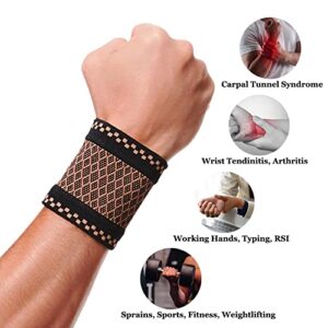 Copper Wrist Compression Brace (2Pcs), Elastic Wrist Support Sleeve Wrist Braces for Tendonitis, Arthritis, Carpal Tunnel Pain Relief, Soft Wrist Wrap Wristbands for Sport, Fitness, Workout, Typing(S)