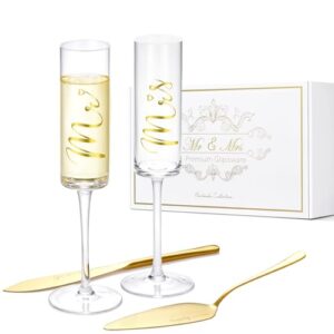 roxburgh wedding cake knife and server set, wedding champagne flutes, gold bride and groom champagne flutes toasting glasses engraved mr and mrs, cake cutting set for wedding engagement gifts