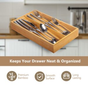 JSVER Silverware Organizer Kitchen Drawer Organizer, 4 Compartments Utensil Organizer for Flatware Cutlery Knives, Forks, Spoons, Bamboo Silverware Drawer Organizer For Kitchen