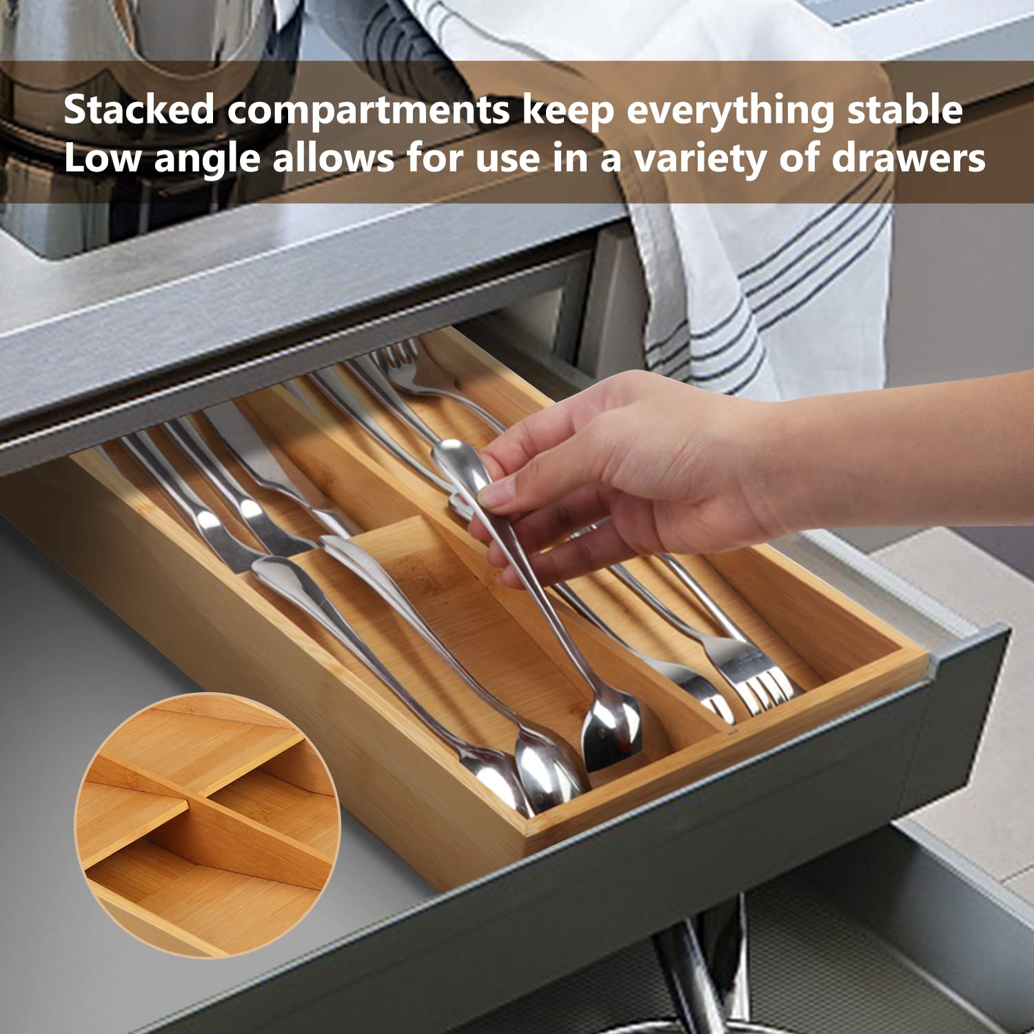 JSVER Silverware Organizer Kitchen Drawer Organizer, 4 Compartments Utensil Organizer for Flatware Cutlery Knives, Forks, Spoons, Bamboo Silverware Drawer Organizer For Kitchen