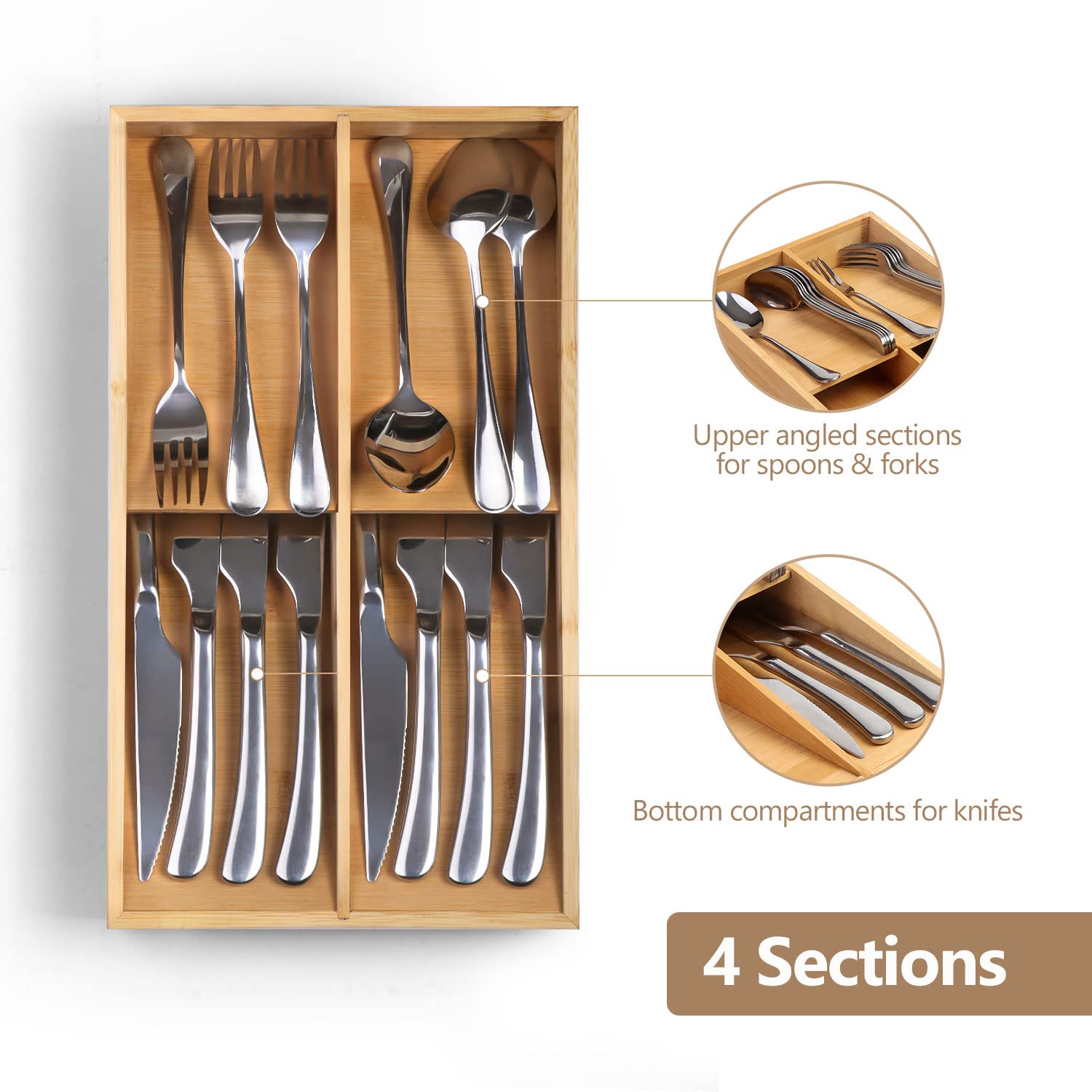 JSVER Silverware Organizer Kitchen Drawer Organizer, 4 Compartments Utensil Organizer for Flatware Cutlery Knives, Forks, Spoons, Bamboo Silverware Drawer Organizer For Kitchen