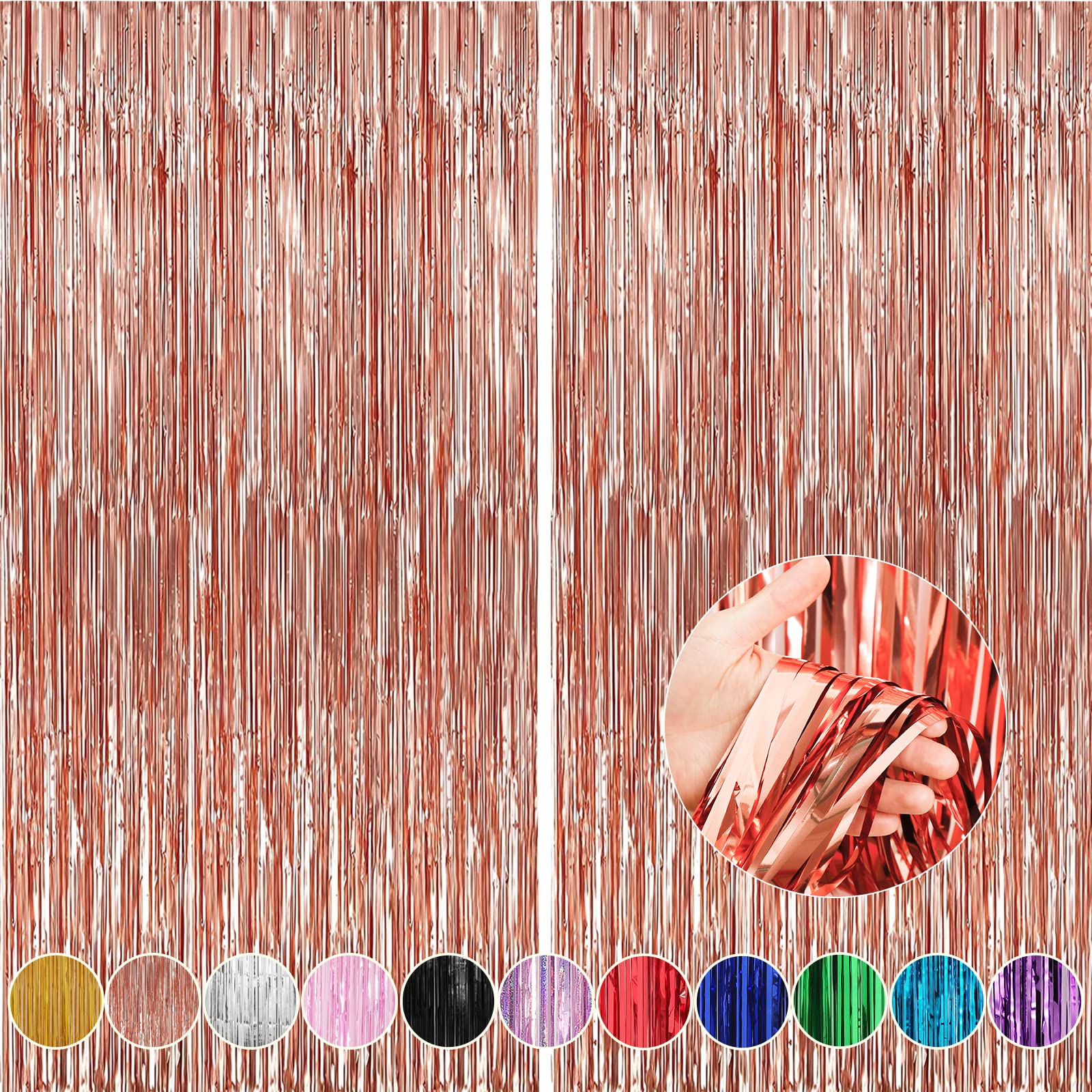 Crosize 2 Pack 3.3 x 9.9 ft Rose Gold Foil Fringe Backdrop Curtain, Streamer Backdrop Curtains, Streamers Birthday Party Decorations, Tinsel Curtain for Parties, Photo Booth Backdrops, Party Décor