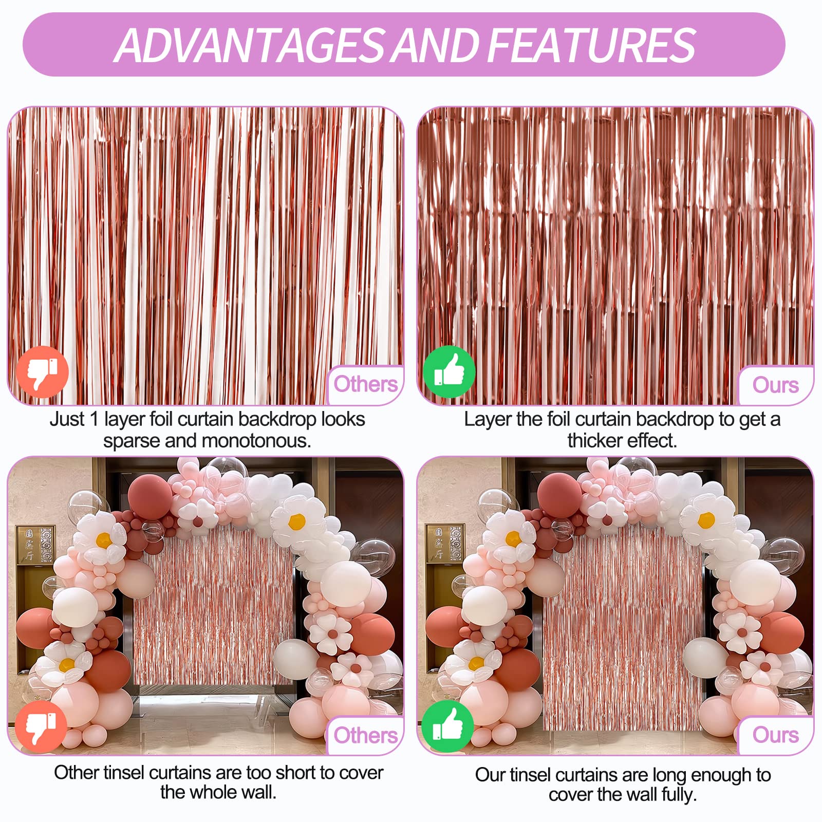 Crosize 2 Pack 3.3 x 9.9 ft Rose Gold Foil Fringe Backdrop Curtain, Streamer Backdrop Curtains, Streamers Birthday Party Decorations, Tinsel Curtain for Parties, Photo Booth Backdrops, Party Décor