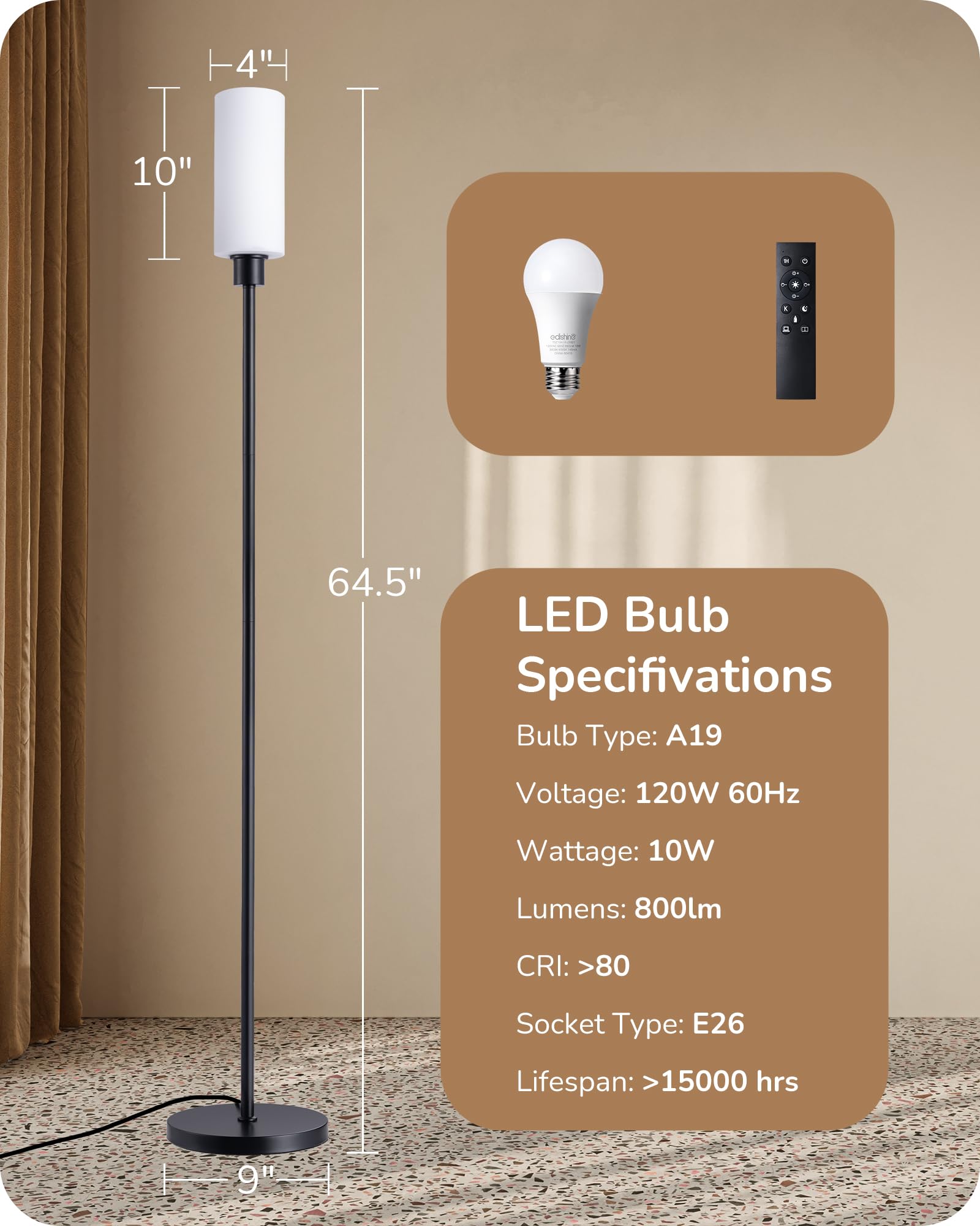 EDISHINE LED Corner Floor Lamp with Glass Lampshade, Modern Dimmable Reading Light with Remote, 65" Standing Tall Lamp for Living Room, Bedroom, Office, Bulb Included (Black)