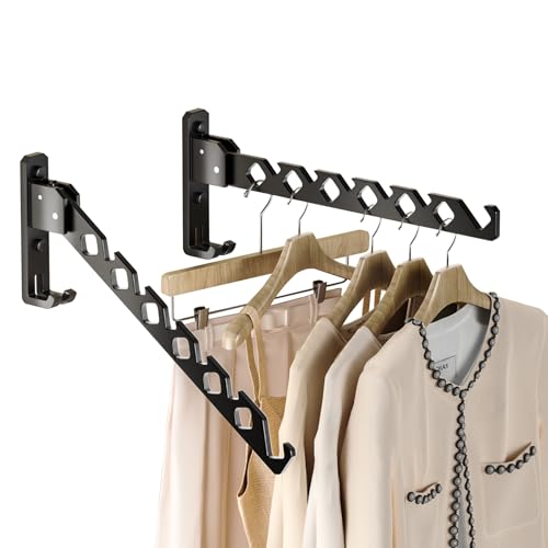 Dr.DJ Wall Mount Coat Hanger Holder Black Clothes Drying Organizer Rack Garment Hooks Aluminium Retractable Folding Indoor Wall Mounted Hanger Space Saver for Laundry Room Bedroom Black 2Pack