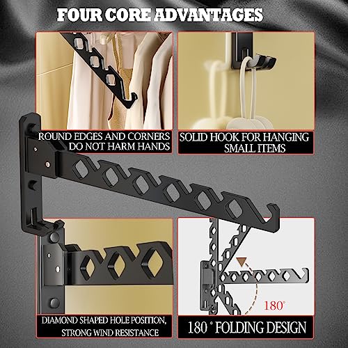 Dr.DJ Wall Mount Coat Hanger Holder Black Clothes Drying Organizer Rack Garment Hooks Aluminium Retractable Folding Indoor Wall Mounted Hanger Space Saver for Laundry Room Bedroom Black 2Pack