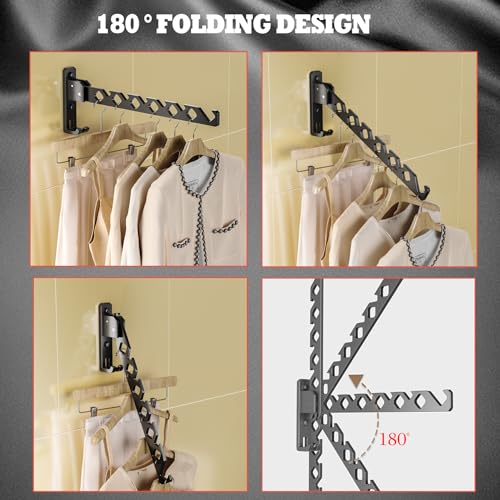 Dr.DJ Wall Mount Coat Hanger Holder Black Clothes Drying Organizer Rack Garment Hooks Aluminium Retractable Folding Indoor Wall Mounted Hanger Space Saver for Laundry Room Bedroom Black 2Pack