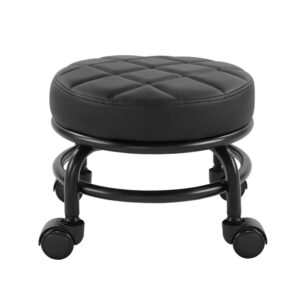 furwoo low roller seat pu leather rolling stool step stool mechanic stool on wheels for home office garage shop black