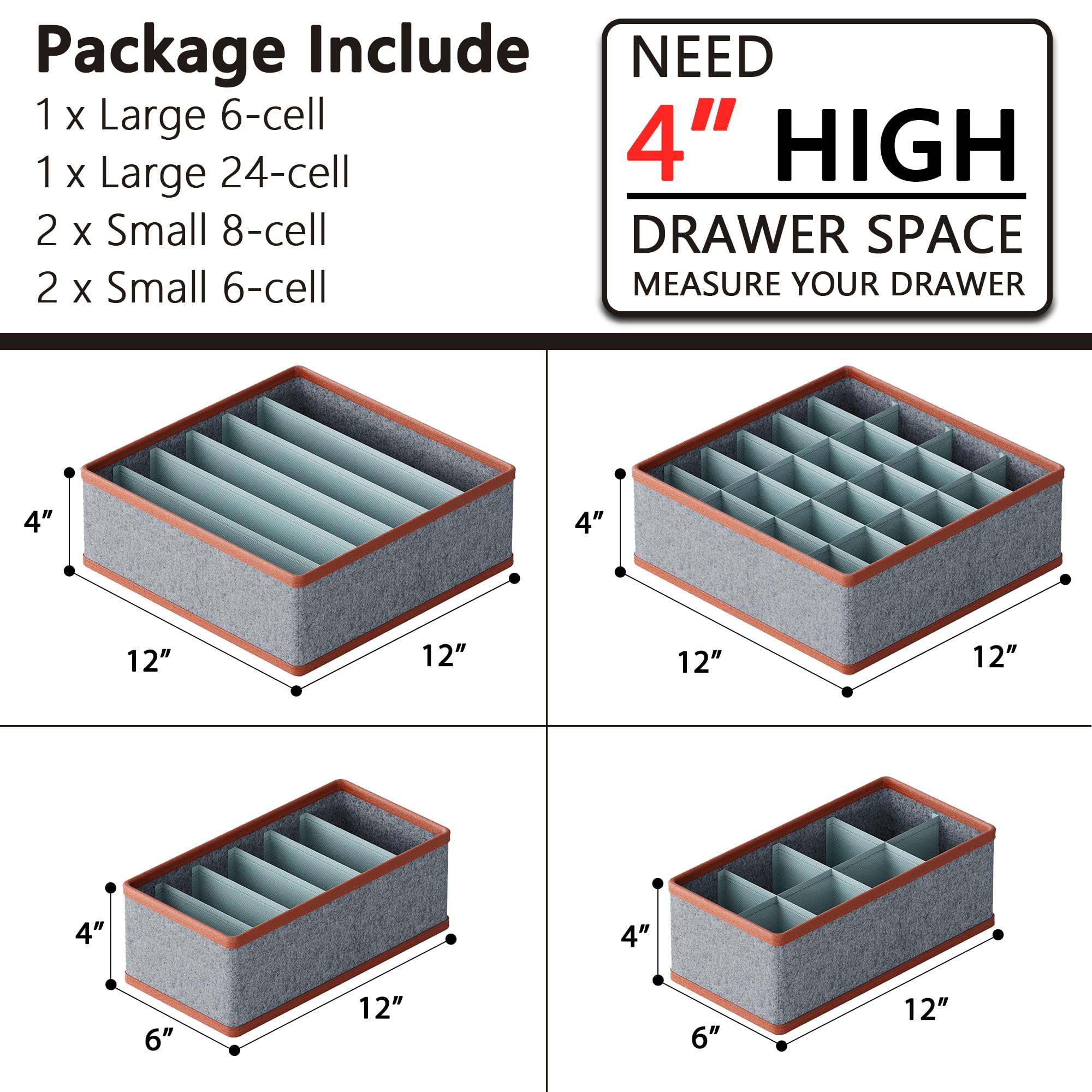 SUOCO 6 Pack Sock Underwear Drawer Organizer Dividers, 58 Cell Foldable Closet Dresser Storage Bins for Clothing, Baby Clothes, Bra, Panty, Scarf, Ties (Standard)