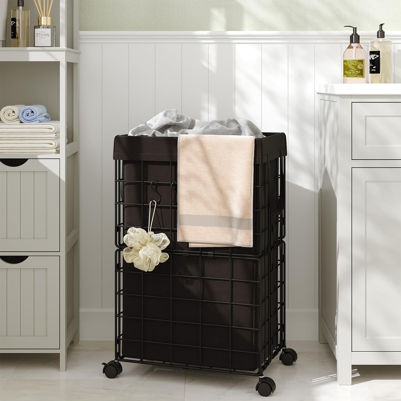 ELYKEN Laundry Hamper with Wheels, Durable Metal Wire Frame with Removable 70L/18.8Gal Capacity Inner Bag, Rolling Laundry Basket with Washable Liner Bag for Bathroom, Black