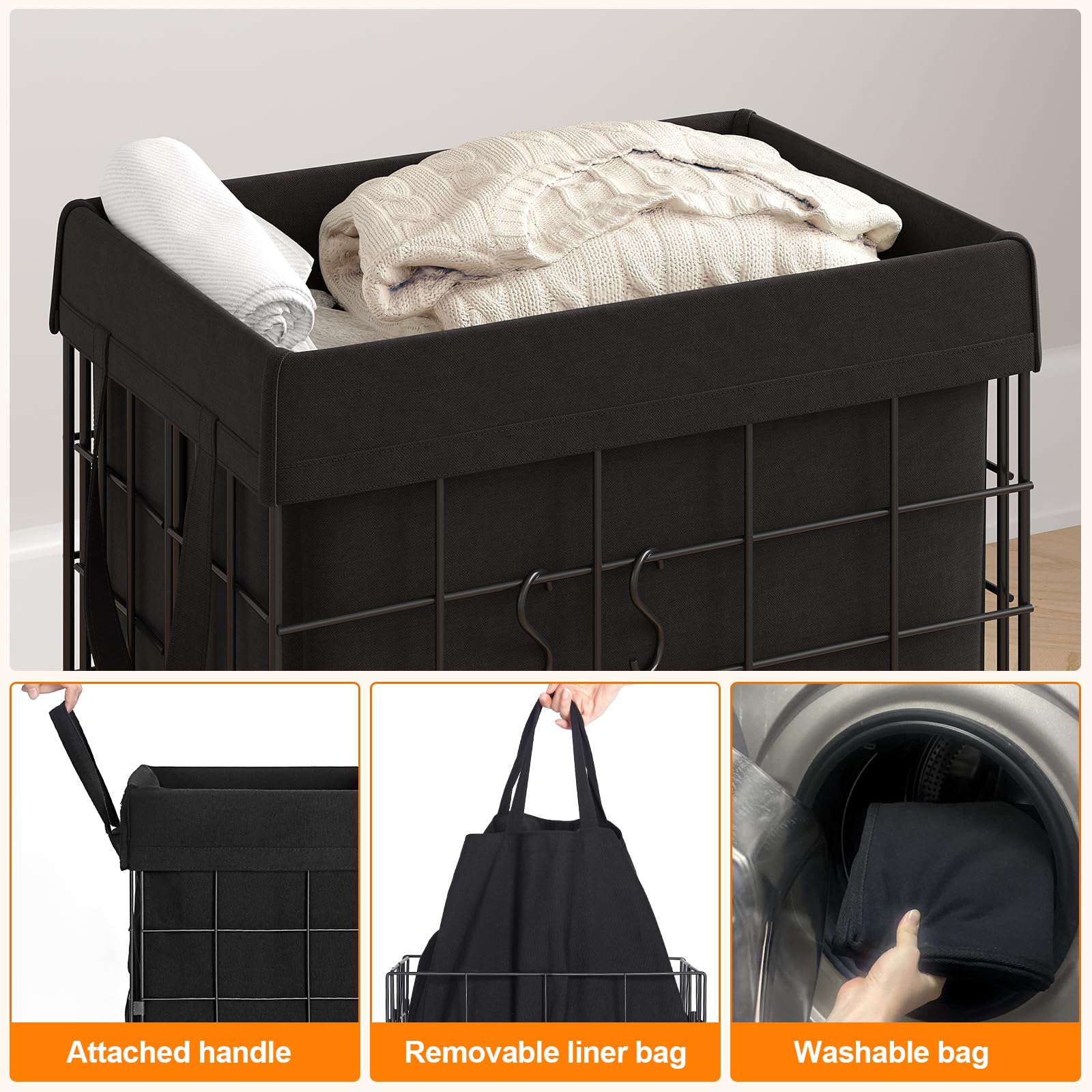 ELYKEN Laundry Hamper with Wheels, Durable Metal Wire Frame with Removable 70L/18.8Gal Capacity Inner Bag, Rolling Laundry Basket with Washable Liner Bag for Bathroom, Black