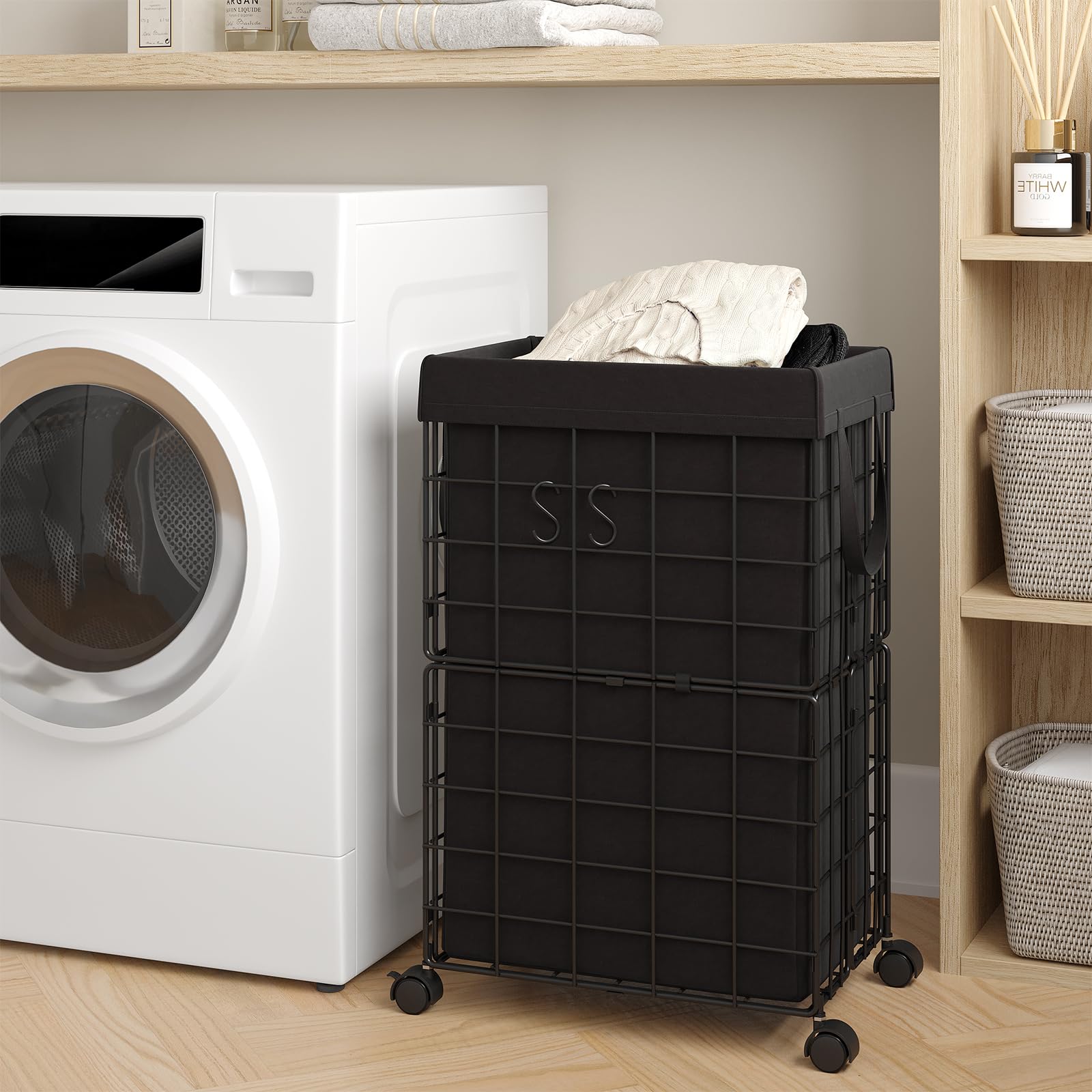 ELYKEN Laundry Hamper with Wheels, Durable Metal Wire Frame with Removable 70L/18.8Gal Capacity Inner Bag, Rolling Laundry Basket with Washable Liner Bag for Bathroom, Black