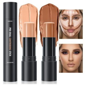 double-end highlighter contour stick, cream contour stick makeup highlighter stick, professional long-lasting & waterproof face body contour makeup bronzer stick (02#lotus color+ light brown)