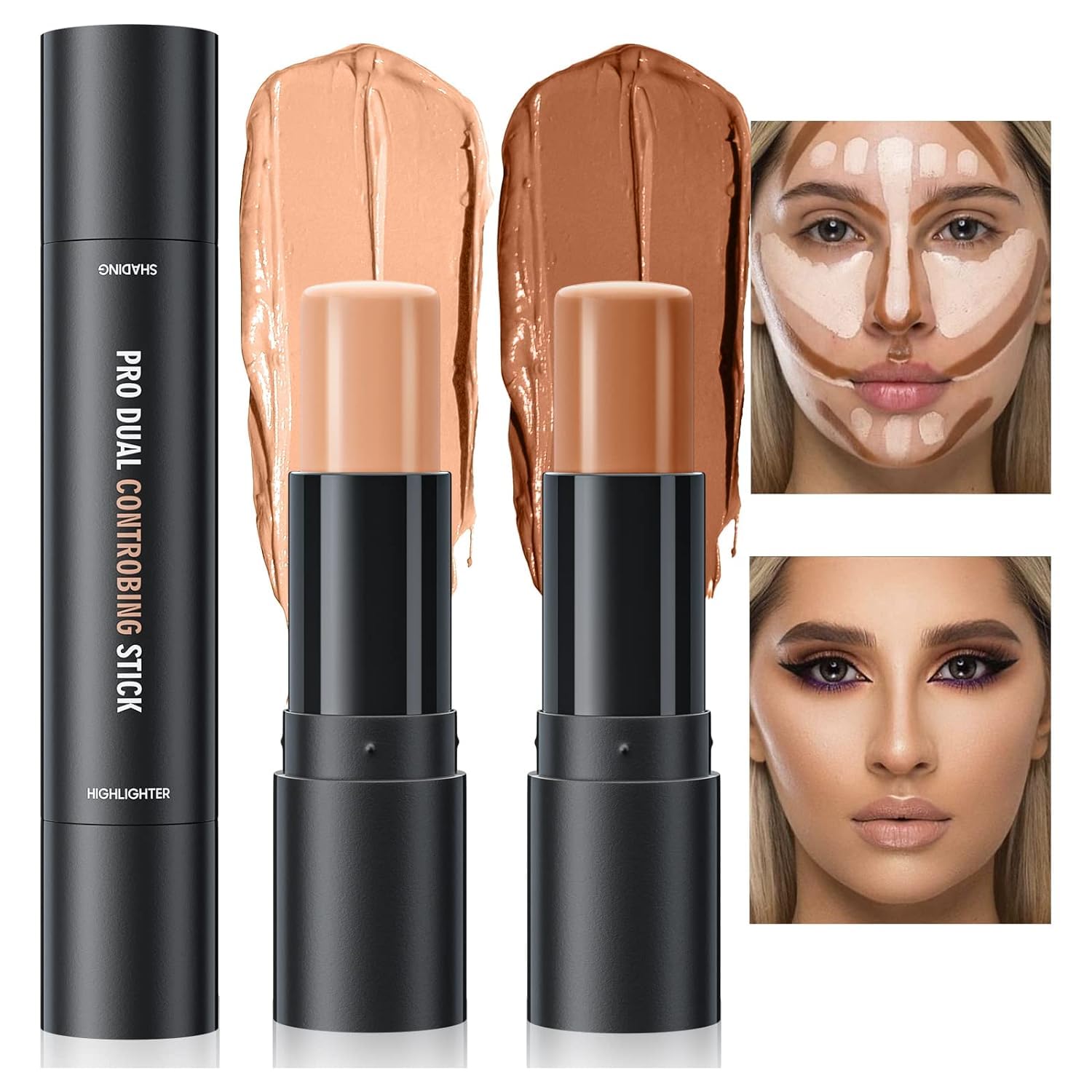 Double-End Highlighter Contour Stick, Cream Contour Stick Makeup Highlighter Stick, Professional Long-Lasting & Waterproof Face Body Contour Makeup Bronzer Stick (02#Lotus Color+ Light Brown)