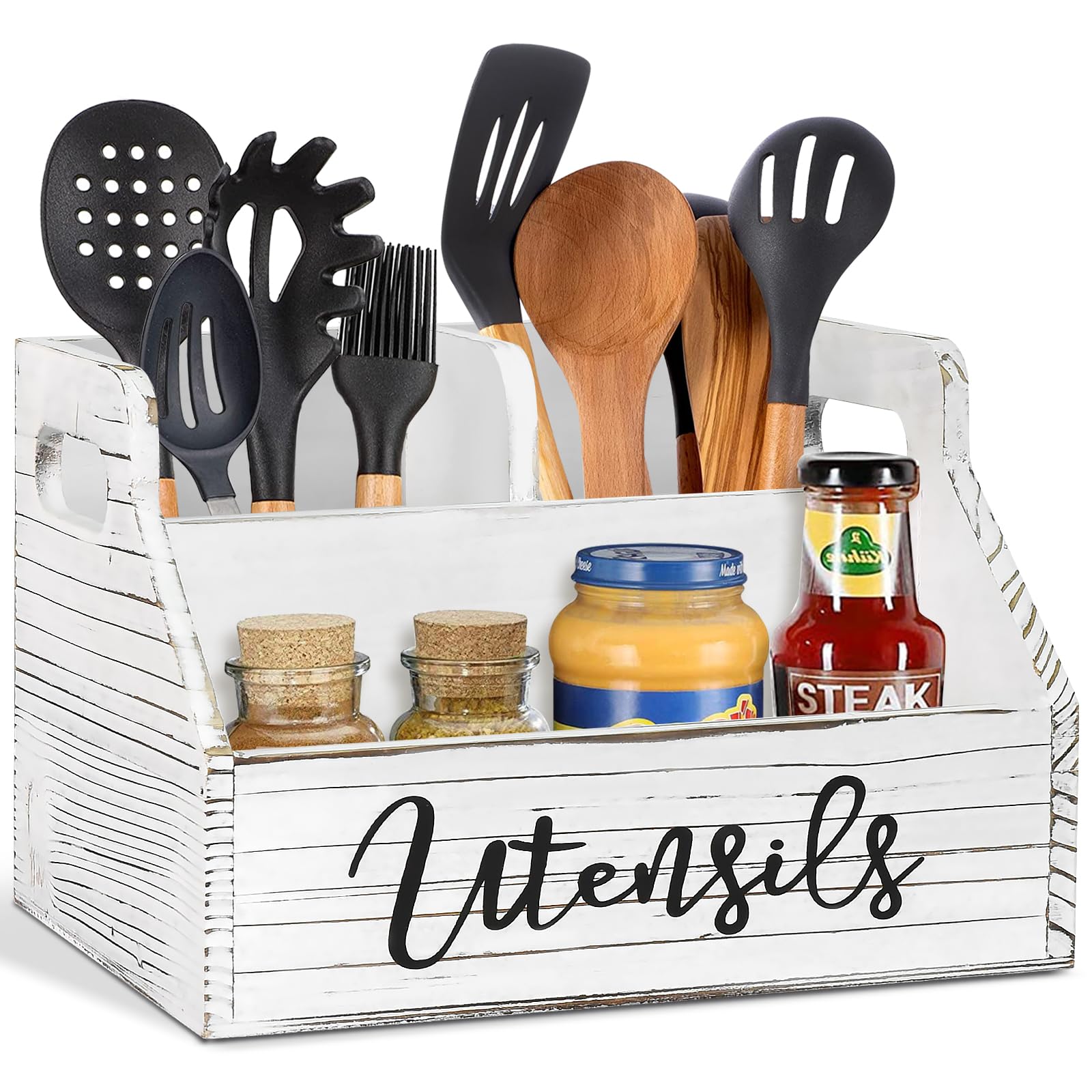 Cooking Utensil Organizer Kitchen Utensil Holder for Countertop, Wood Kitchen Tools Silverware Holder Condiment Organizer, Flatware Utensil Caddy With 3 Large Compartments, White Kitchen Accessories