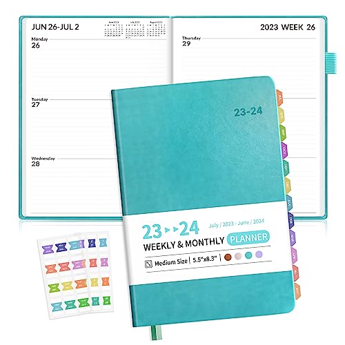 SUNEE Weekly Planner 2023-2024 5.5"x8.3" Weekly & Monthly Daily - from July 2023 - June 2024, A5 Size Calendar Academic Year Planner, Hardcover,Pocket,100 GSM Paper,Monthly Sticker (Turquoise, A5)