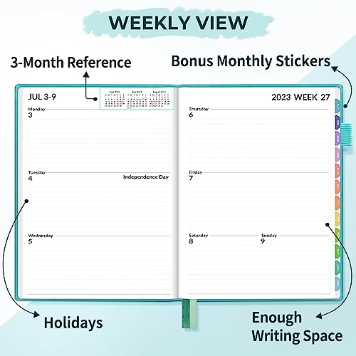 SUNEE Weekly Planner 2023-2024 5.5"x8.3" Weekly & Monthly Daily - from July 2023 - June 2024, A5 Size Calendar Academic Year Planner, Hardcover,Pocket,100 GSM Paper,Monthly Sticker (Turquoise, A5)