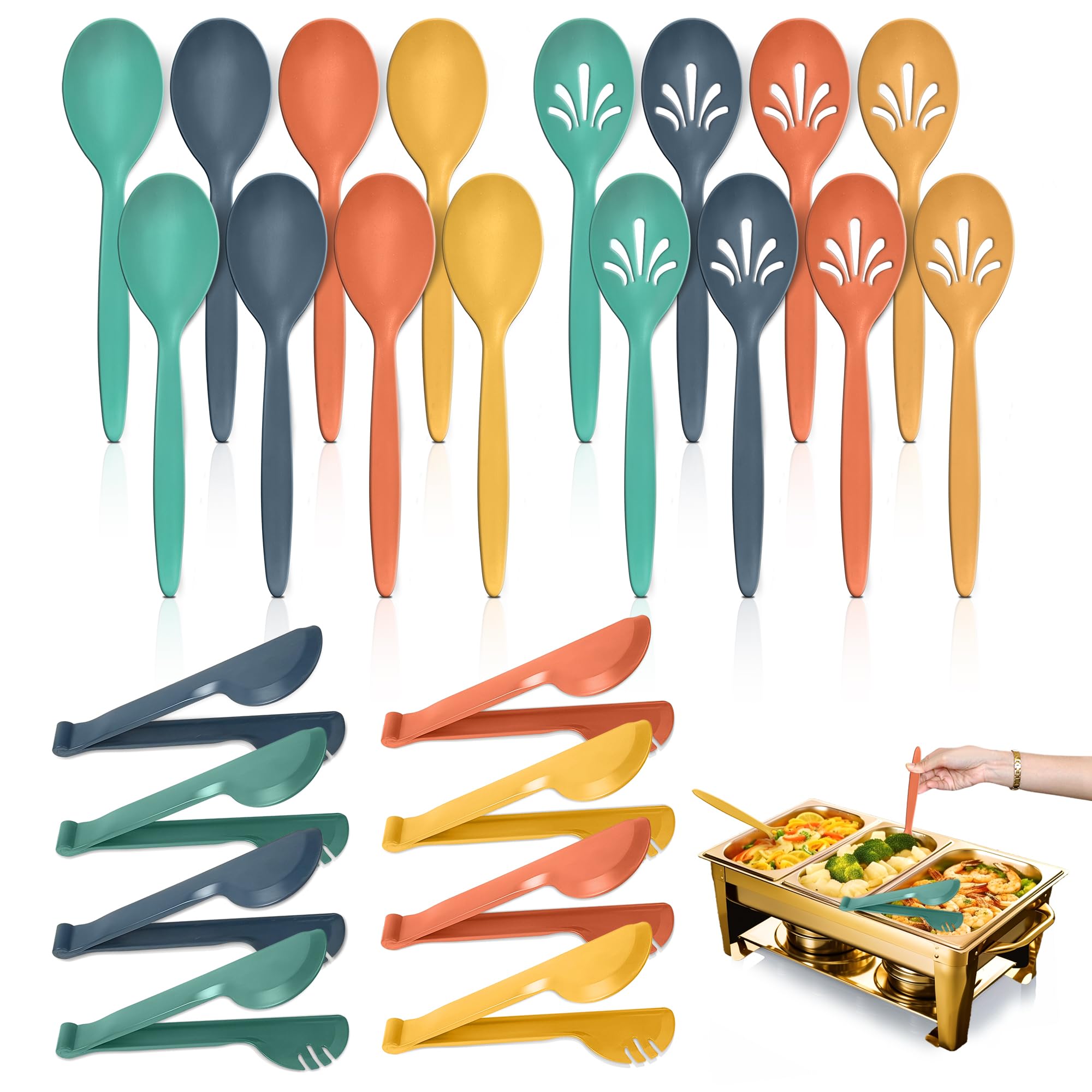 RayPard Reusable Plastic Serving Utensils Set of 24, Wheat straw Large Serving set 10" Serving Spoons/10" Slotted Spoons/9.4" Tongs, for Party Chafing Dish Buffet Catering (Orange/Blue/Yellow/Green)