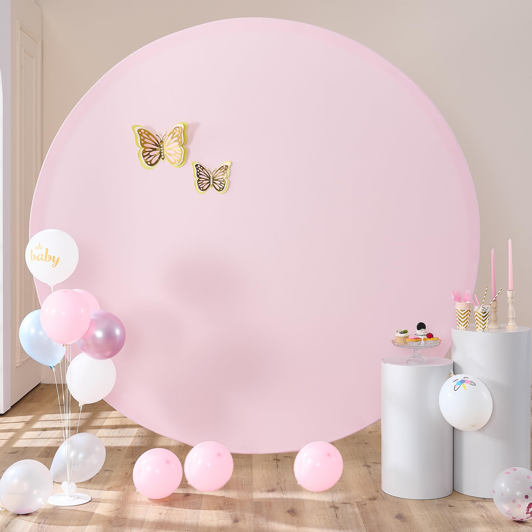 6.5FT Baby Pink Round Backdrop Covers Arch Circle Background Covers for Birthday Party Baby Shower Wedding Background, Suitable for 6ft/6.5ft Circle Stand