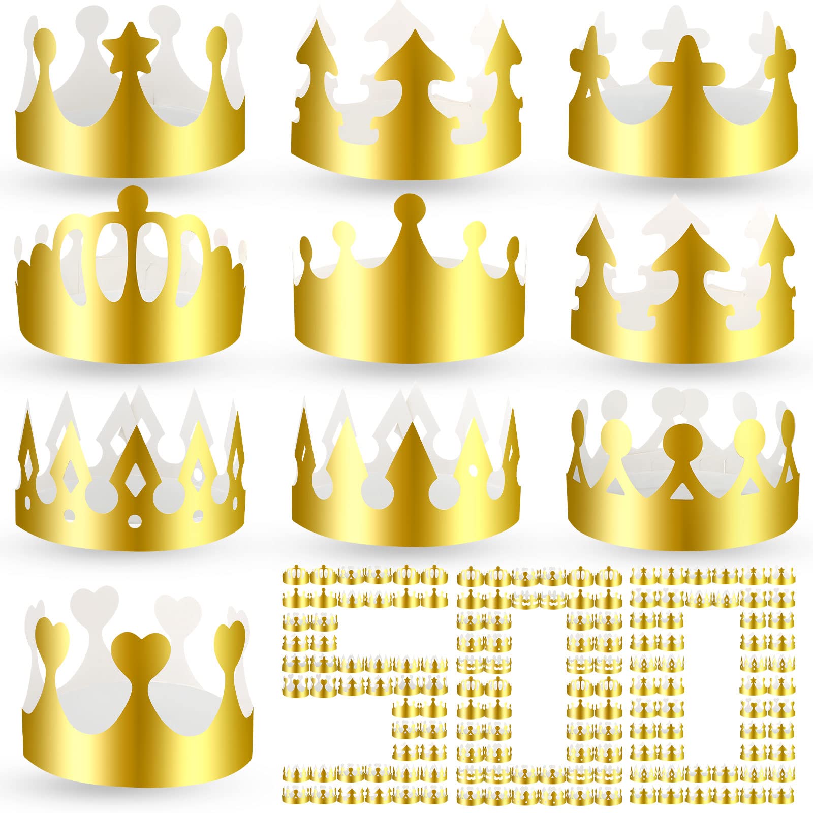 Crtiin 500 Pcs Golden Paper Crowns Bulk Party King Princess Gold Crowns Hats Gold Party Hats for Kids Adults Birthday Celebration Baby Shower Decorations Favors, 10 Styles