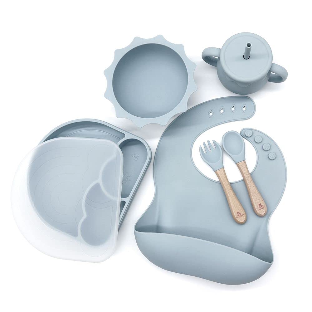 Luxekids Silicone Baby Feeding Set - 6 Pieces Toddler Utensils Set with Baby Plates and Bowls with Suction, Baby Spoons, Forks, Sippy Cup (Dark Blue)