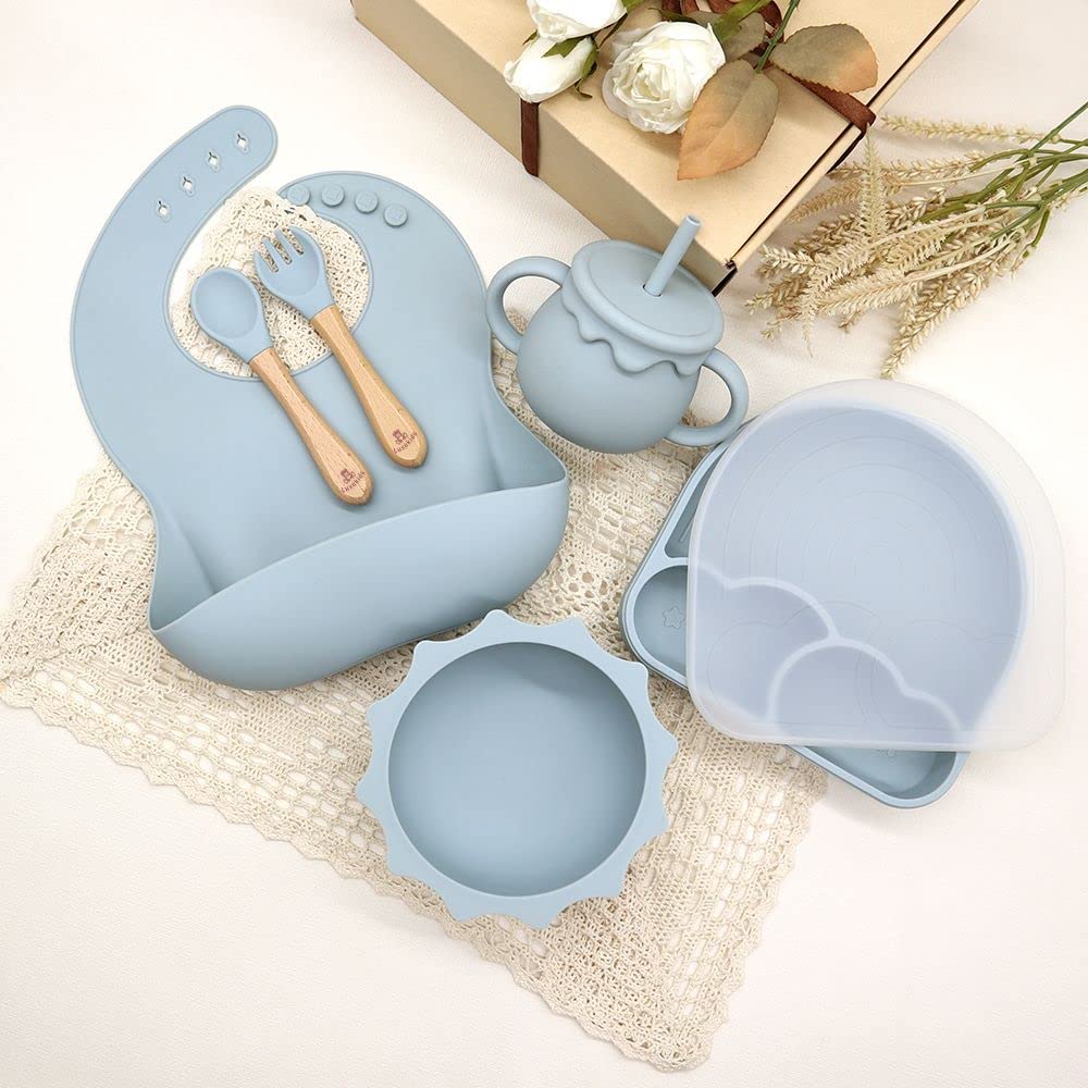 Luxekids Silicone Baby Feeding Set - 6 Pieces Toddler Utensils Set with Baby Plates and Bowls with Suction, Baby Spoons, Forks, Sippy Cup (Dark Blue)