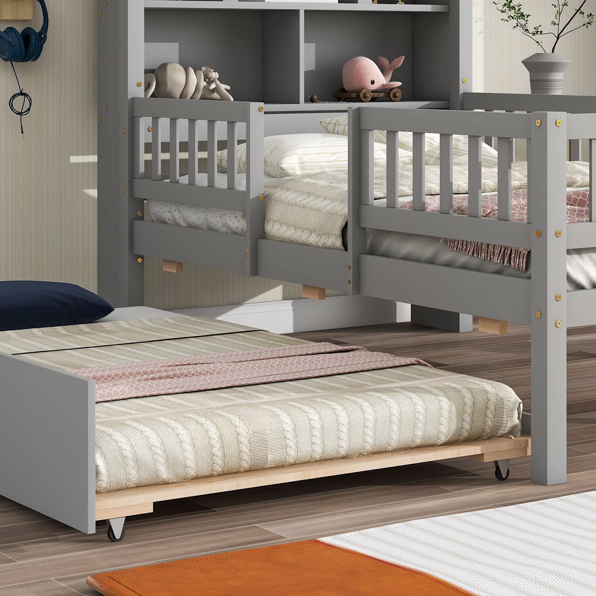 Twin House Bed with Bookcase Headboard and Trundle, Montessori Bed Twin Platform Bed with Storage and Fence Guardrails, Solid Wood Playhouse Bed Frame for Kids Teens Girls Boys (Twin Size, Gray)