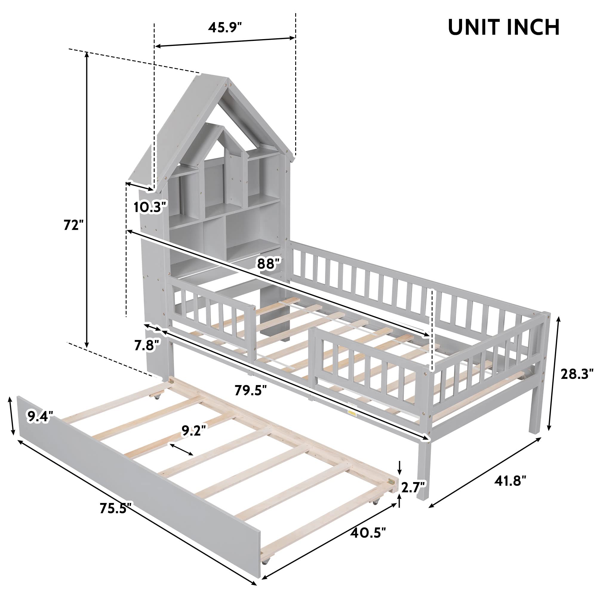 Twin House Bed with Bookcase Headboard and Trundle, Montessori Bed Twin Platform Bed with Storage and Fence Guardrails, Solid Wood Playhouse Bed Frame for Kids Teens Girls Boys (Twin Size, Gray)