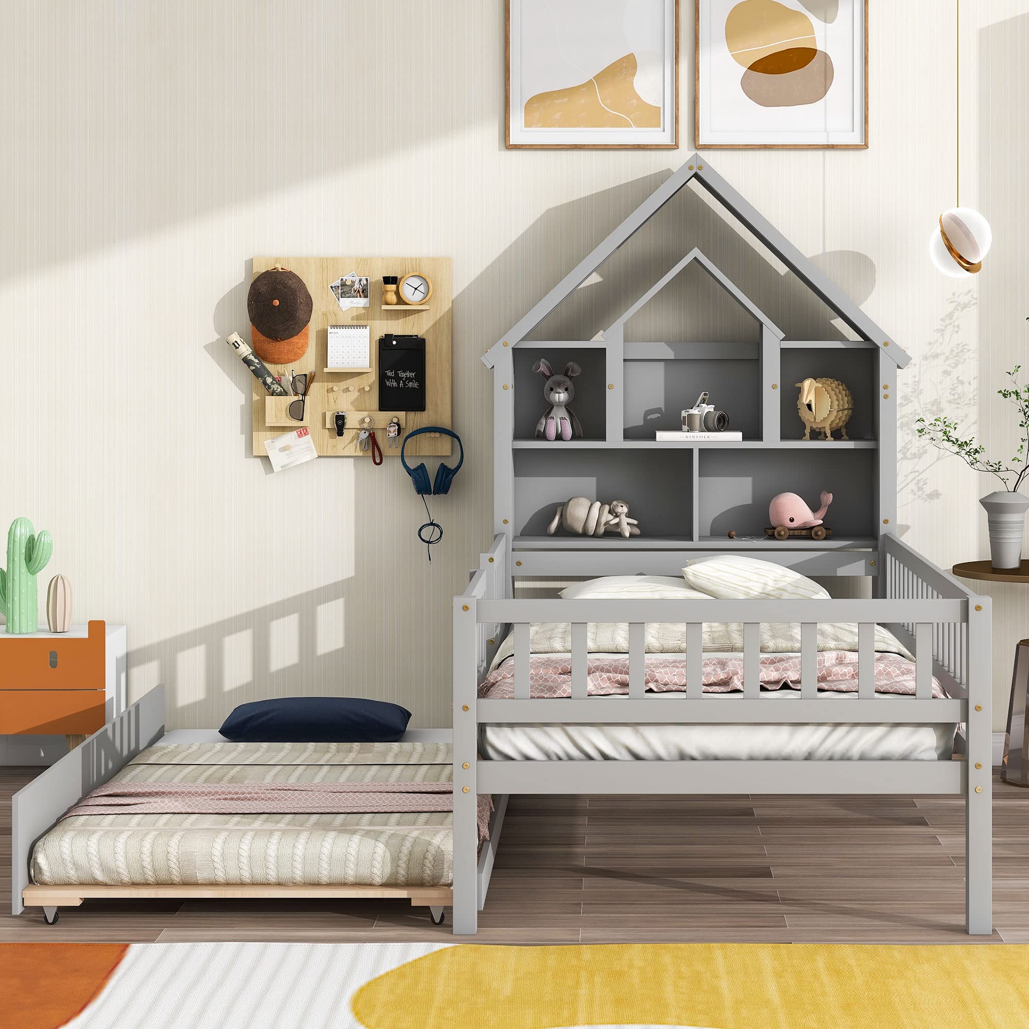 Twin House Bed with Bookcase Headboard and Trundle, Montessori Bed Twin Platform Bed with Storage and Fence Guardrails, Solid Wood Playhouse Bed Frame for Kids Teens Girls Boys (Twin Size, Gray)