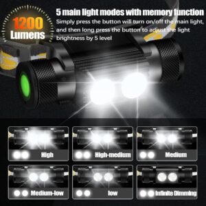 Rugtol 1200 Lumen Rechargeable LED Headlamp, Black, Battery Powered, Adjustable Light Modes, Impact Resistant, Waterproof