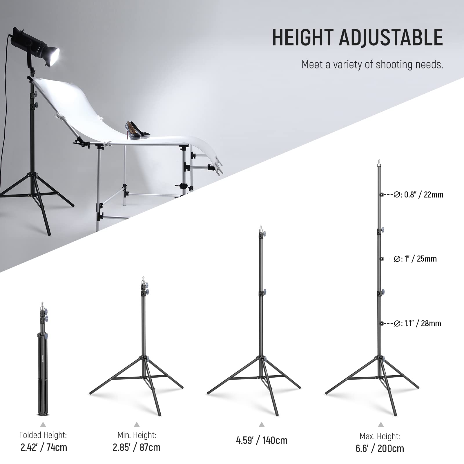 NEEWER Photography Light Stand 2.85-6.6ft/87-200cm, Spring Loaded Aluminum Tripod Stand with ø28mm Thicker Tube Diameter for Ring Light/LED Light/Strobe Flash/Softbox, Max Load 22lbs, ST-200