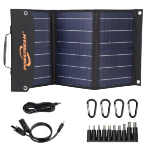 powstream 30w portable foldable solar panel with qc3.0 usb ports & changeable 10-in-1 dc head for power station generator cell phone ipad laptop outdoor camping rv trip home energy conservation