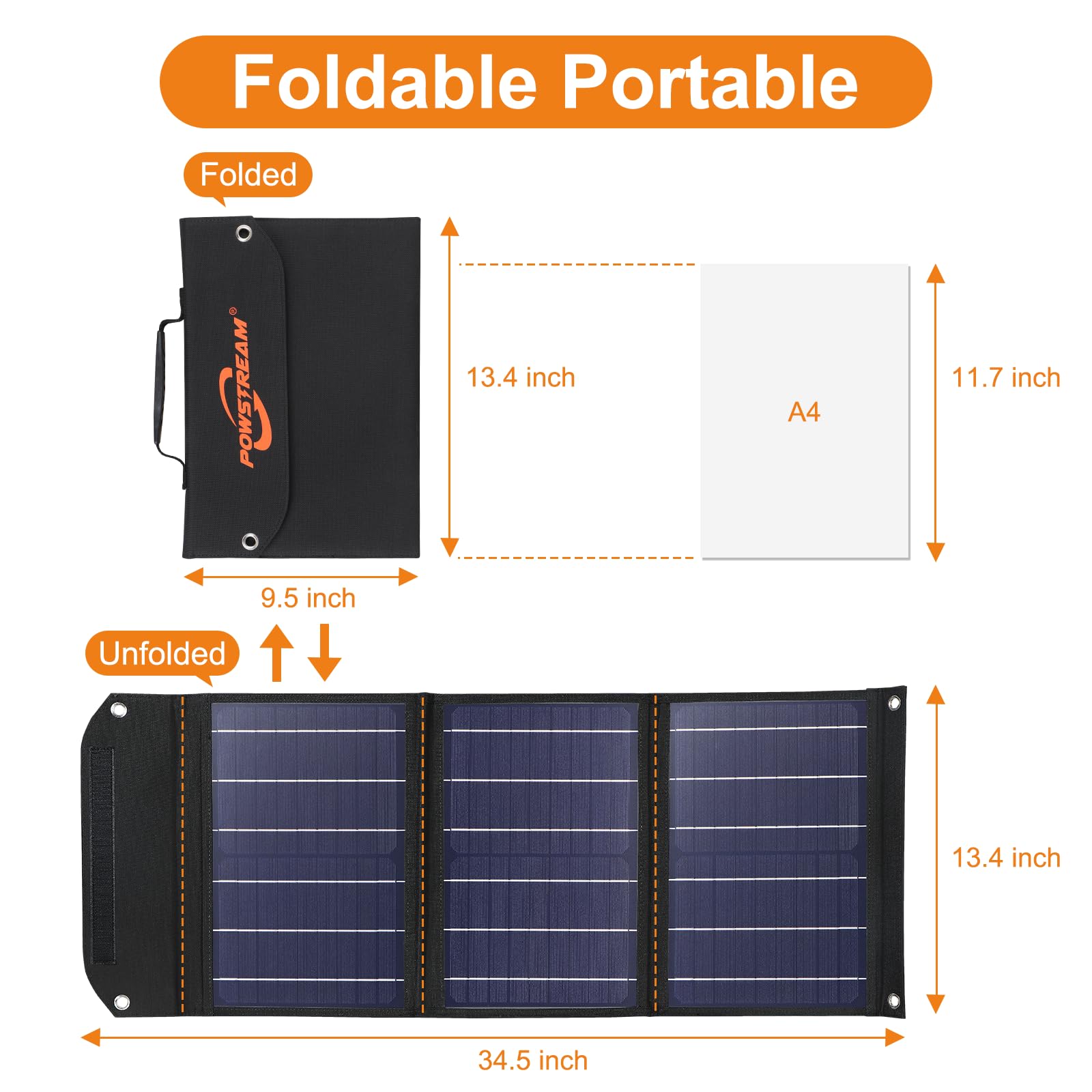 POWSTREAM 30W Portable Foldable Solar Panel with QC3.0 USB Ports & Changeable 10-in-1 DC Head for Power Station Generator Cell Phone iPad Laptop Outdoor Camping RV Trip Home Energy Conservation