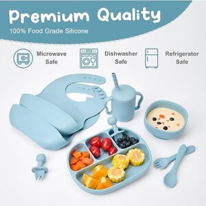 MumEZ Silicone Baby Feeding Set, Baby Led Weaning Supplies, 2 Pcs Adjustable Silicone Bibs, Baby Plates and Bowls with Suction, Baby Spoons Forks, Sippy Cup, Eating Utensils for 6+ Month(Ether)