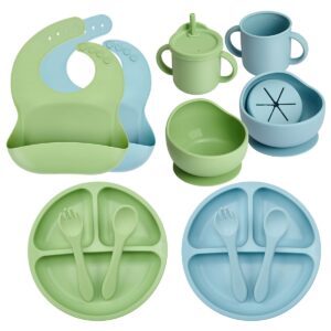mumez silicone baby feeding set, baby led weaning utensils, adjustable silicone bibs, baby plates and bowls with suction, baby spoons forks, sippy cup, baby eating essentials(ether&sage)